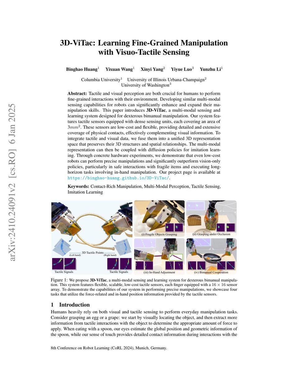First page of the 3D-ViTac: Learning Fine-Grained Manipulation with Visuo-Tactile Sensing paper