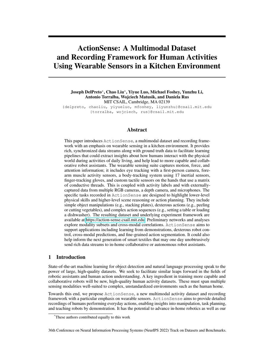 First page of the ActionSense: A Multimodal Dataset and Recording Framework for Human Activities Using Wearable Sensors in a Kitchen Environment paper