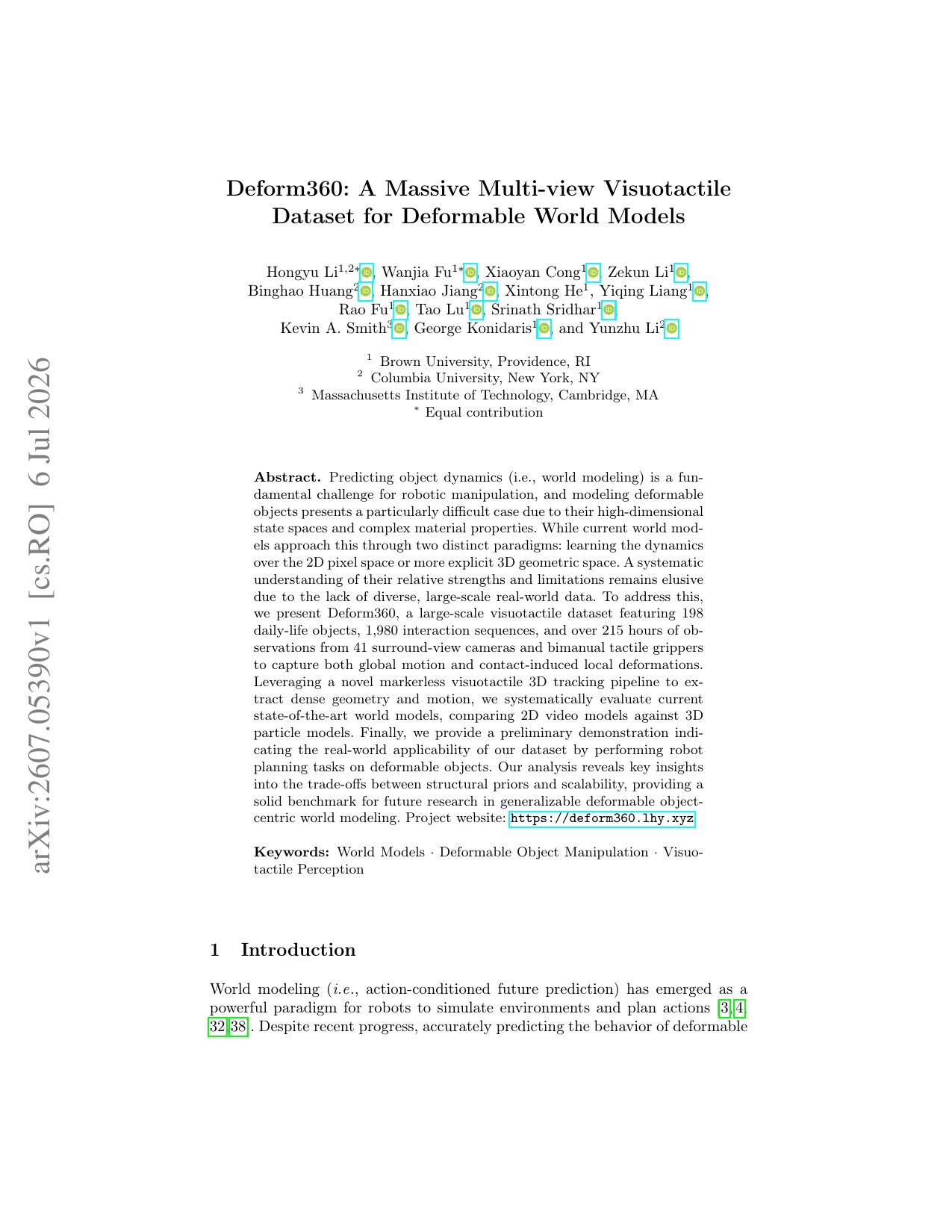 First page of the Deform360: A Massive Multi-view Visuotactile Dataset for Deformable World Models paper