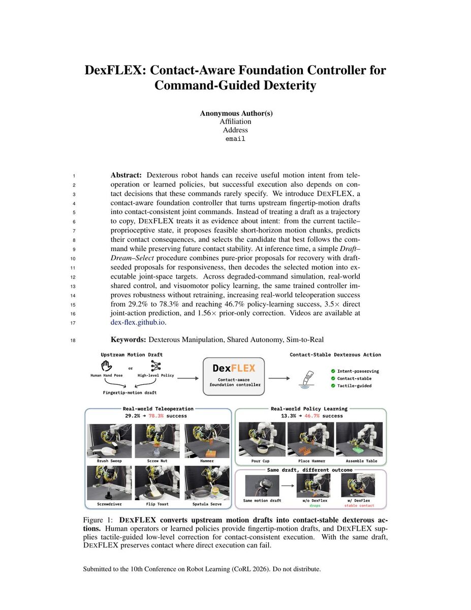 First page of the DexFLEX: Contact-Aware Foundation Controller for Command-Guided Dexterity paper