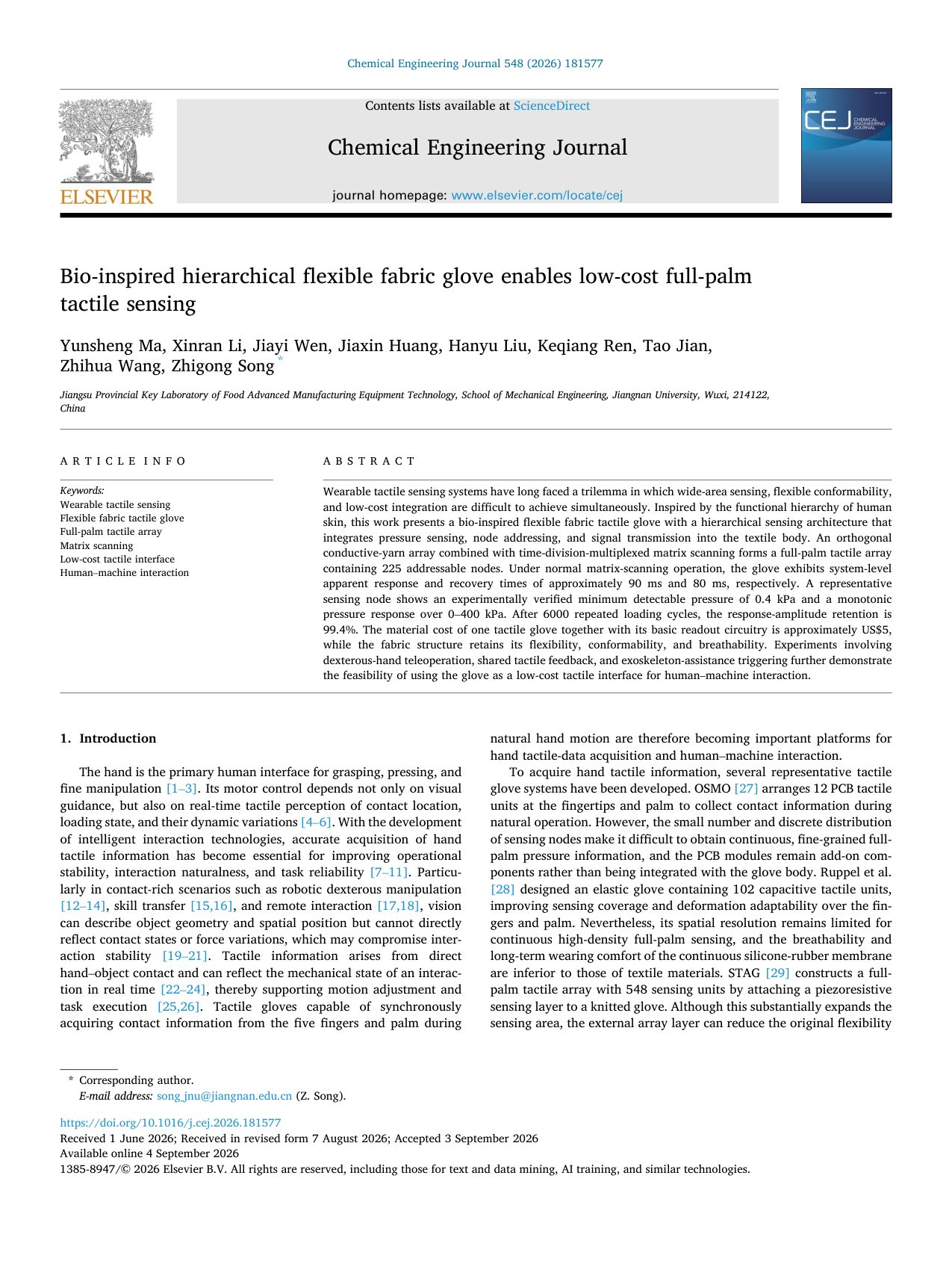 First page of the Bio-Inspired Hierarchical Flexible Fabric Glove Enables Low-Cost Full-Palm Tactile Sensing paper