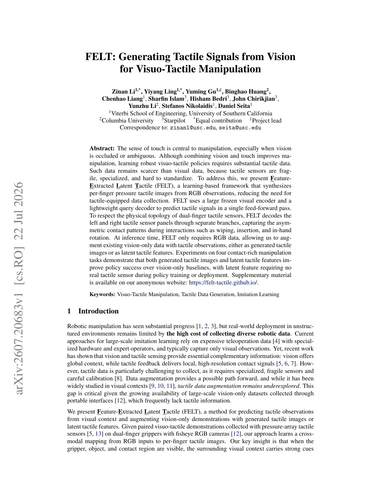 First page of the FELT: Generating Tactile Signals from Vision for Visuo-Tactile Manipulation paper