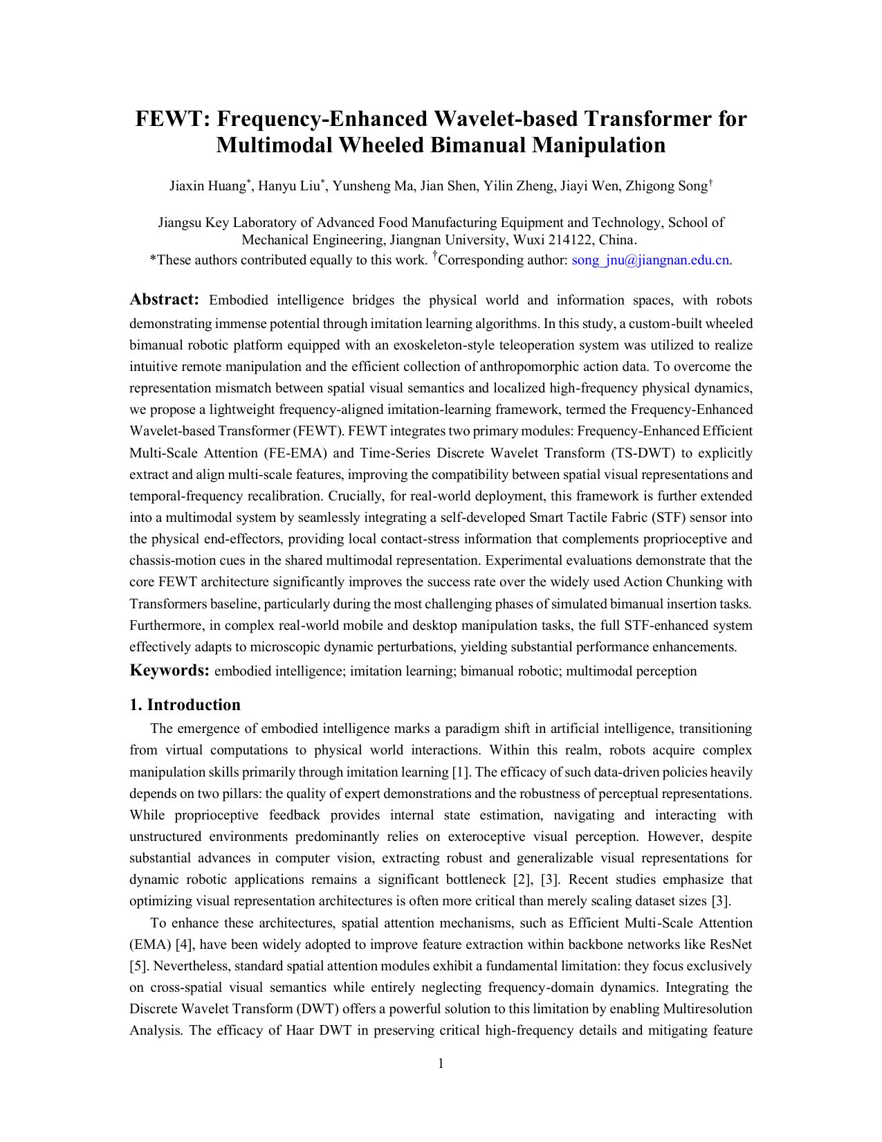 First page of the FEWT: Frequency-Enhanced Wavelet-Based Transformer for Multimodal Wheeled Bimanual Manipulation paper