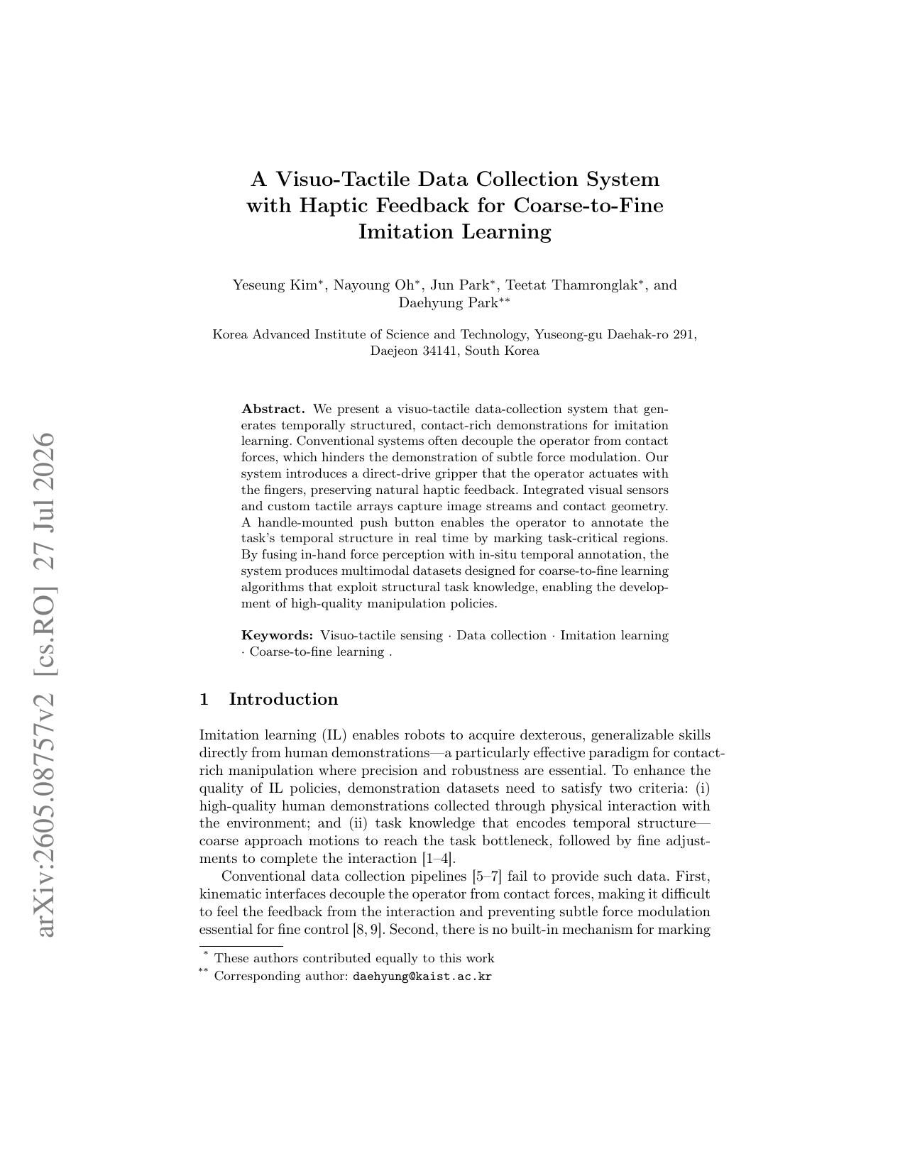 First page of the A Visuo-Tactile Data Collection System with Haptic Feedback for Coarse-to-Fine Imitation Learning paper
