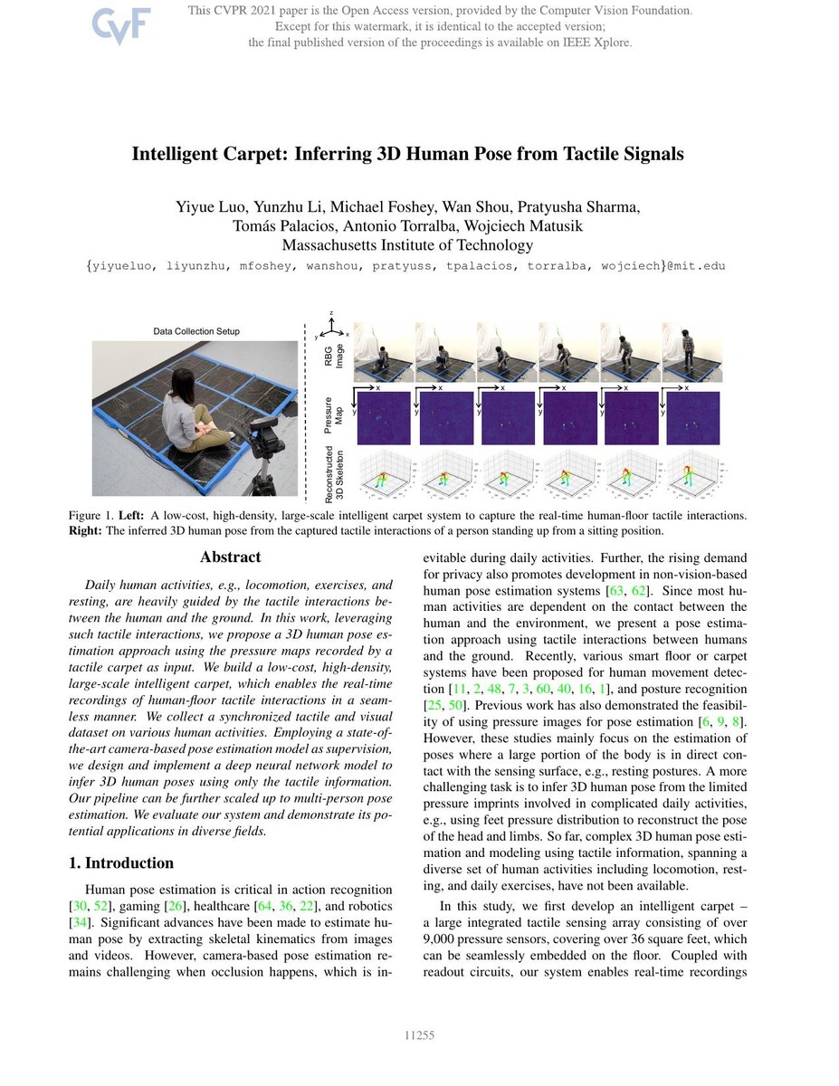 First page of the Intelligent Carpet: Inferring 3D Human Pose from Tactile Signals paper