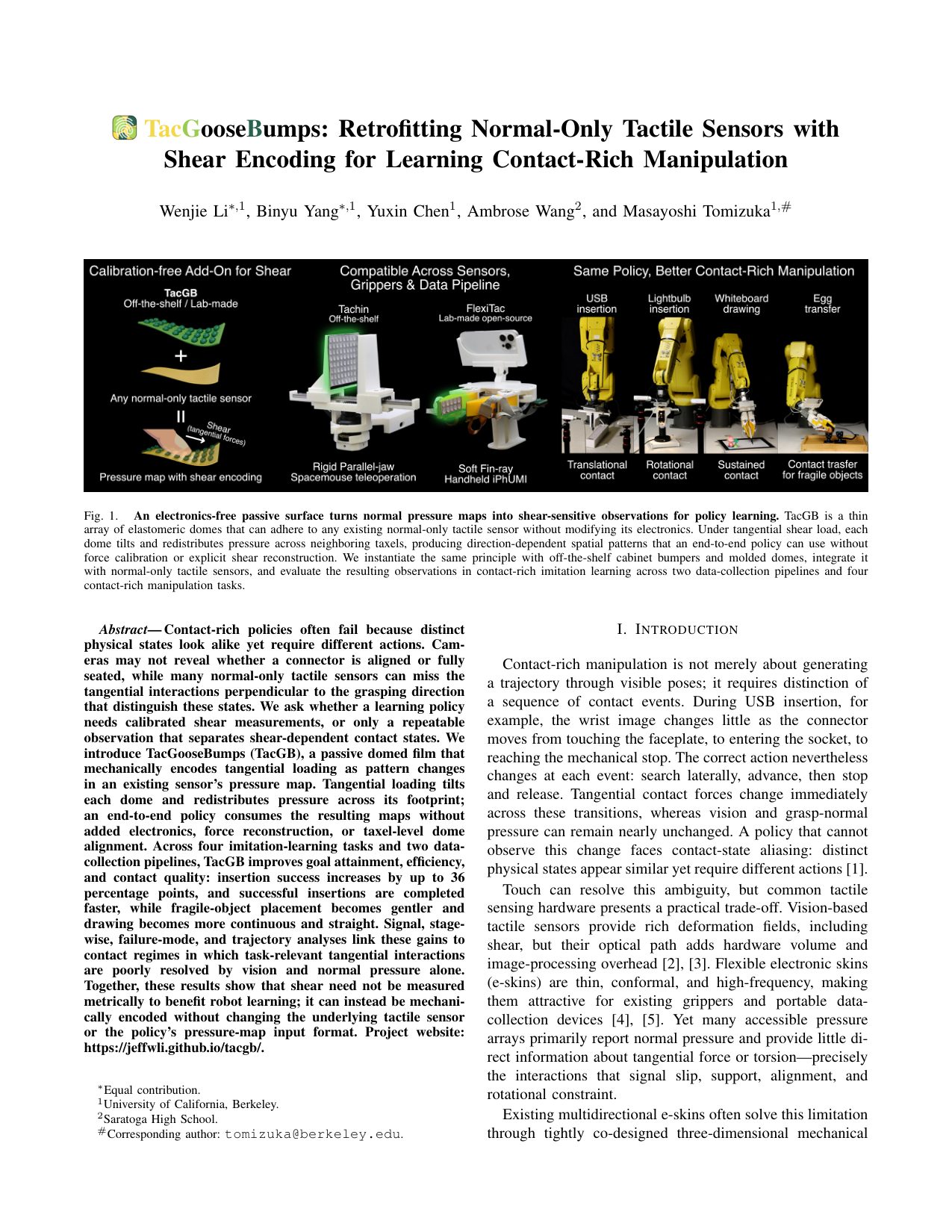 First page of the TacGooseBumps (TacGB): Retrofitting Normal-Only Tactile Sensors with Shear Encoding for Learning Contact-Rich Manipulation paper