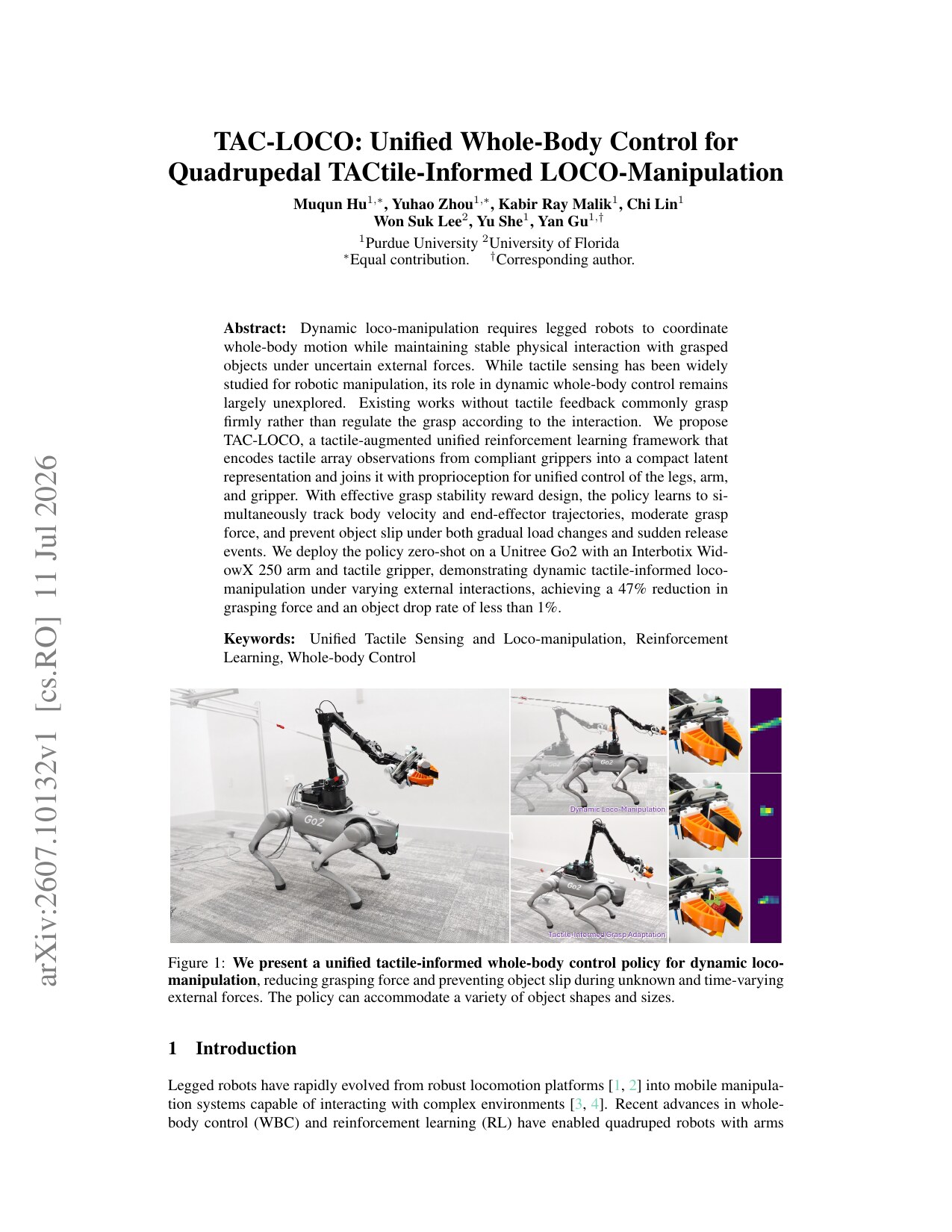 First page of the TAC-LOCO: Unified Whole-Body Control for Quadrupedal TACtile-Informed LOCO-Manipulation paper