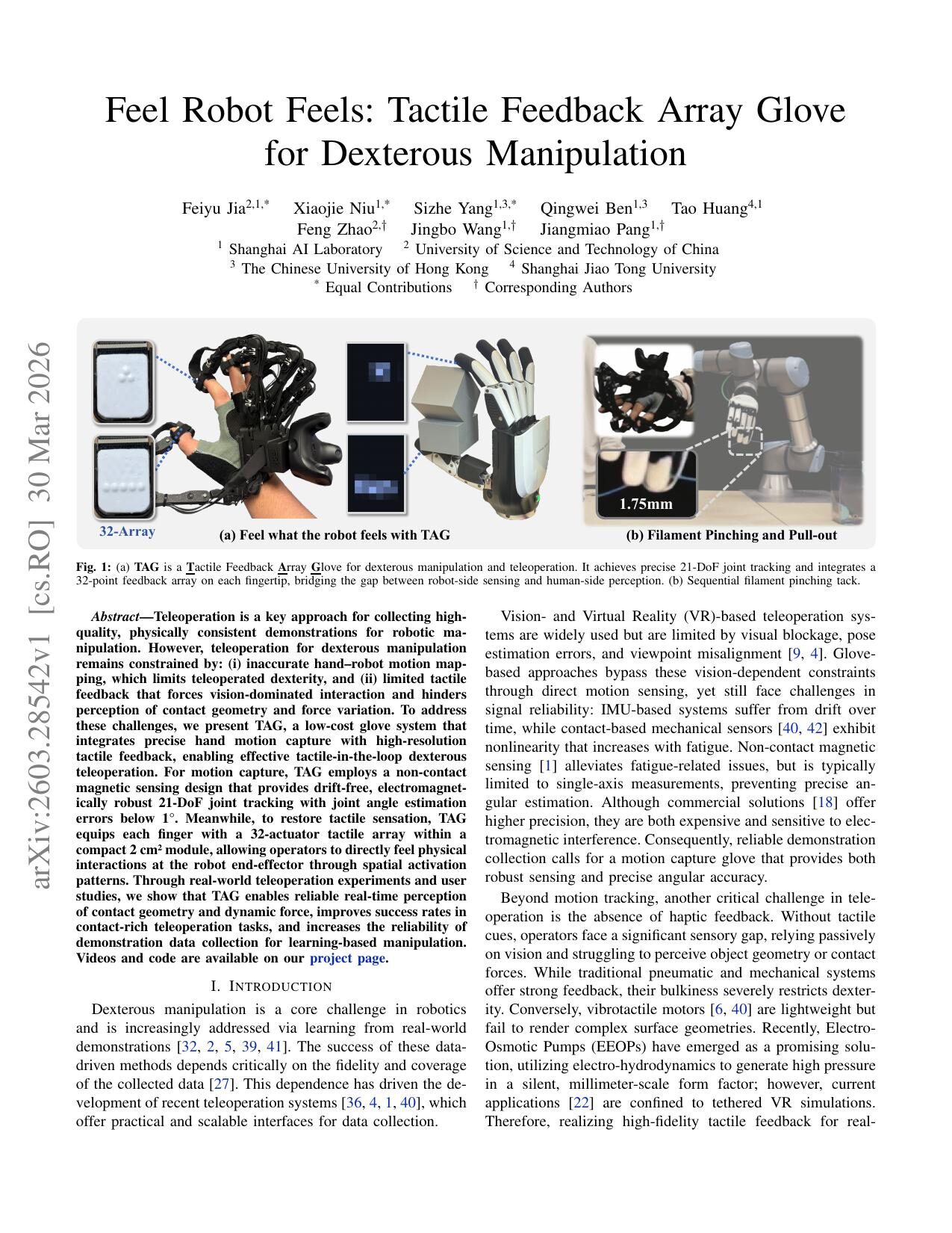 First page of the Feel Robot Feels: Tactile Feedback Array Glove for Dexterous Manipulation paper