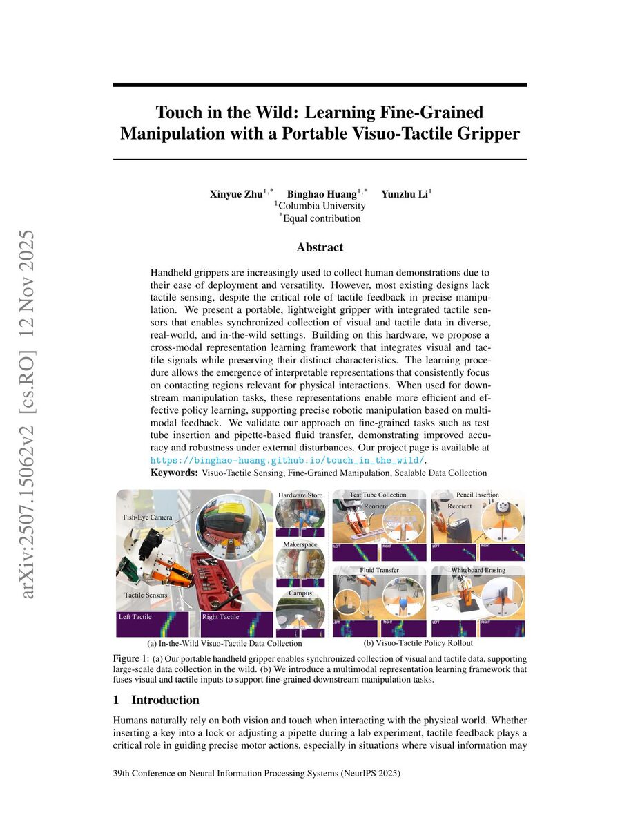 First page of the Touch in the Wild: Learning Fine-Grained Manipulation with a Portable Visuo-Tactile Gripper paper