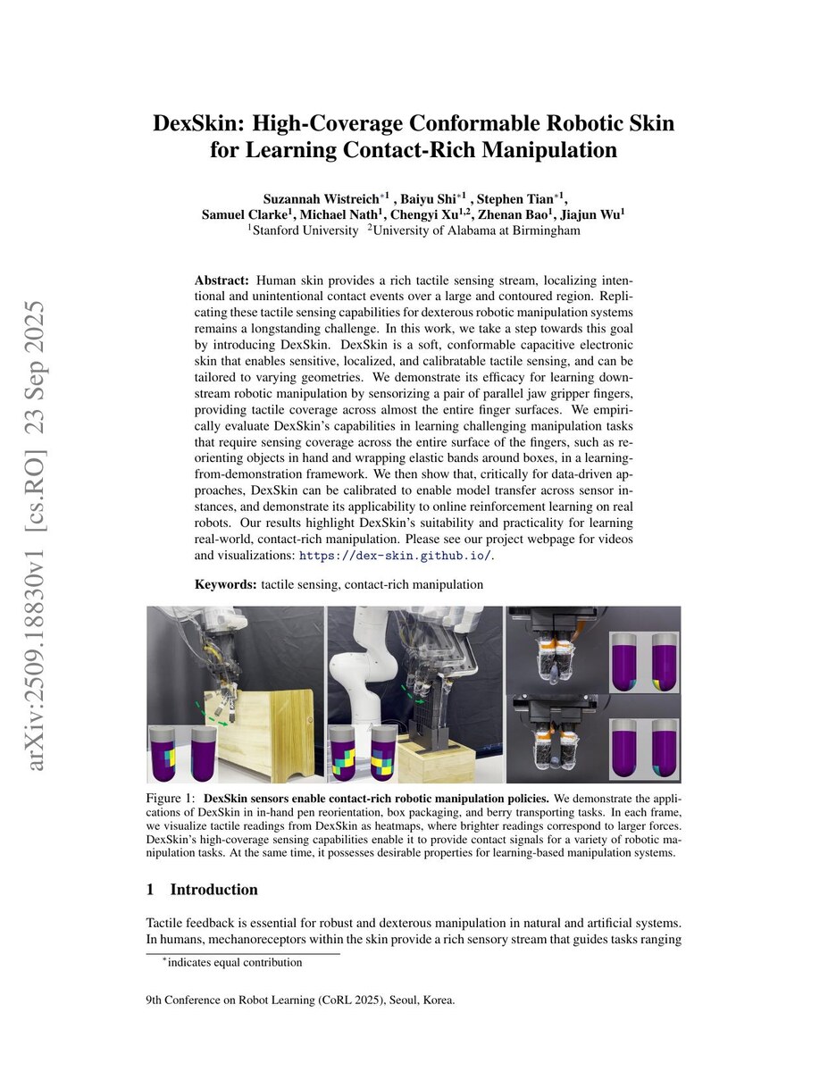 First page of the DexSkin: High-Coverage Conformable Robotic Skin for Learning Contact-Rich Manipulation paper