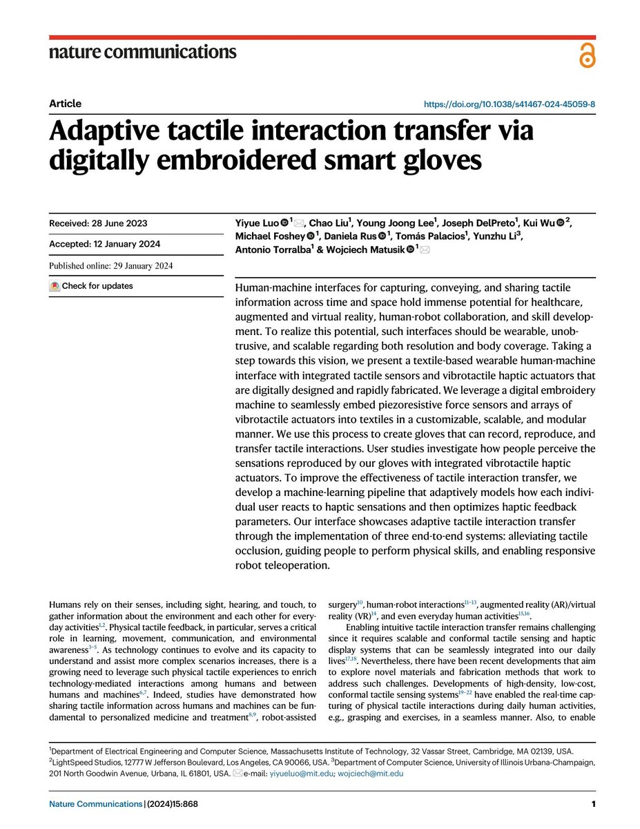 First page of the Adaptive Tactile Interaction Transfer via Digitally Embroidered Smart Gloves paper