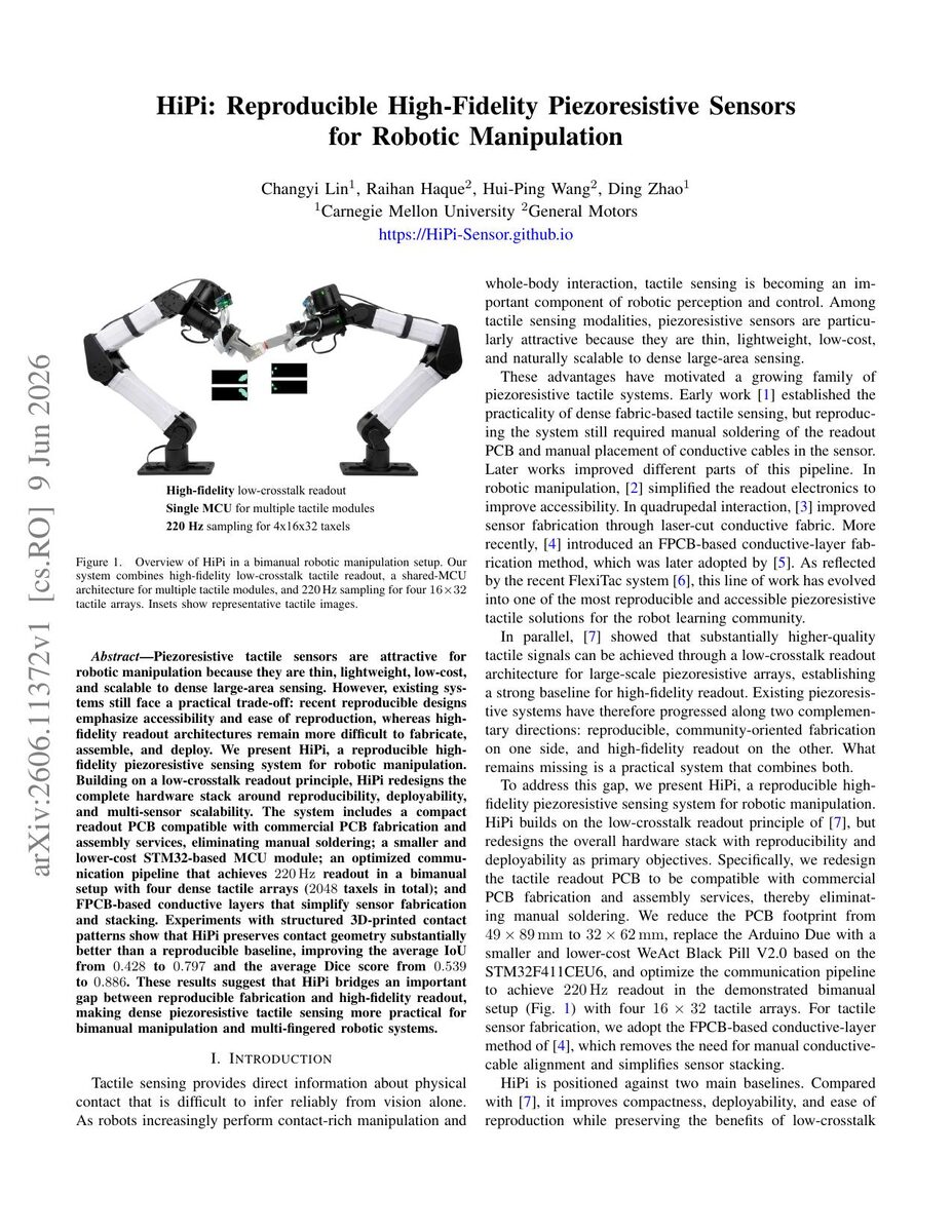 First page of the HiPi: Reproducible High-Fidelity Piezoresistive Sensors for Robotic Manipulation paper
