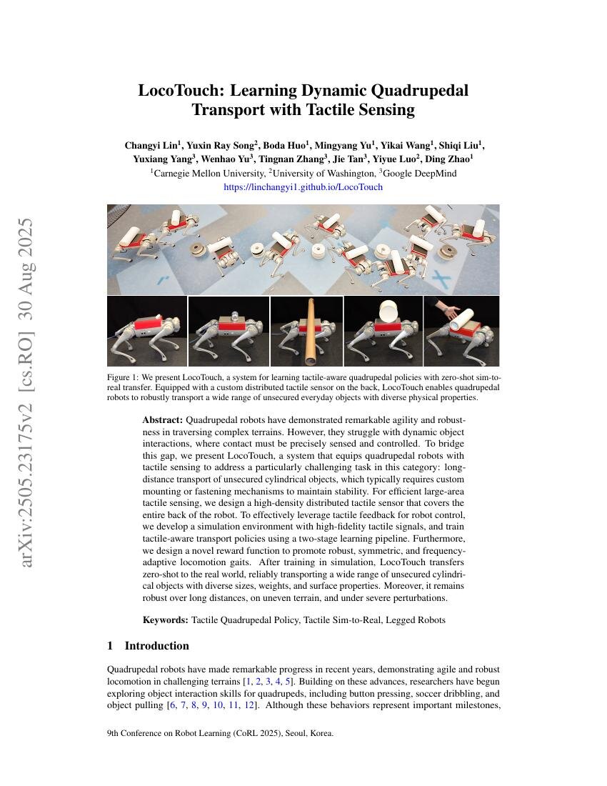 First page of the LocoTouch: Learning Dynamic Quadrupedal Transport with Tactile Sensing paper