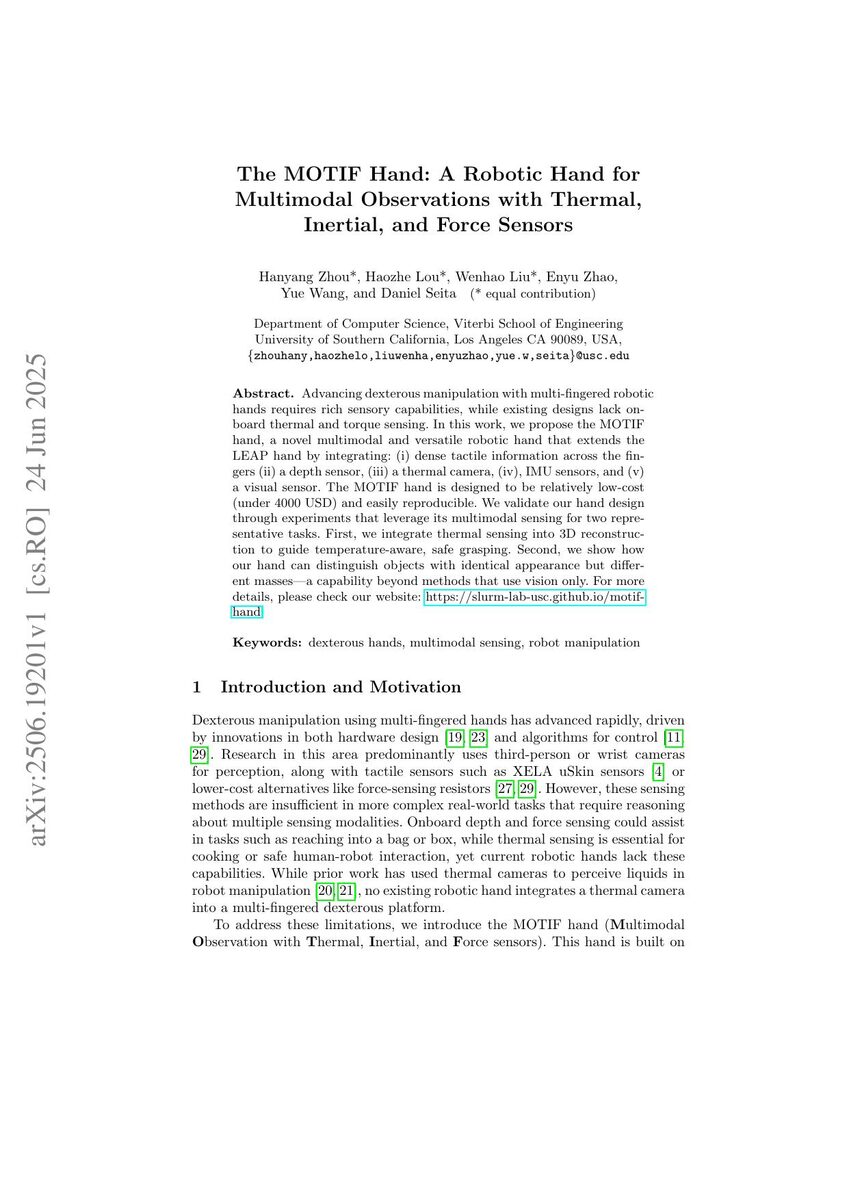 First page of the The MOTIF Hand: A Robotic Hand for Multimodal Observations with Thermal, Inertial, and Force Sensors paper