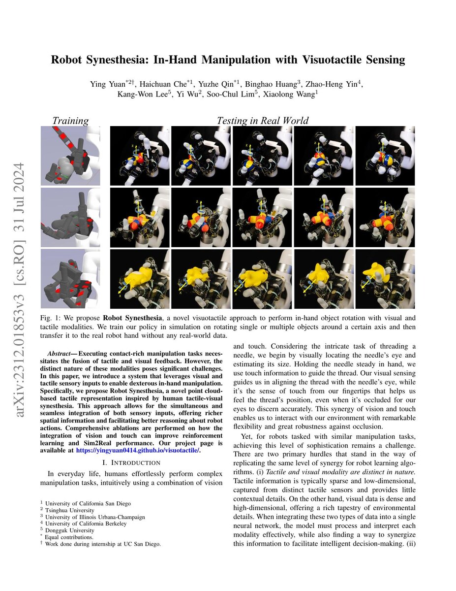 First page of the Robot Synesthesia: In-Hand Manipulation with Visuotactile Sensing paper