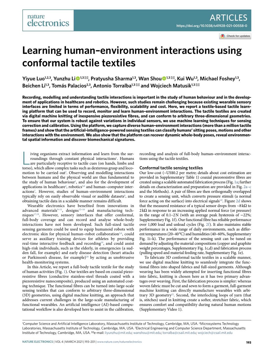 First page of the Learning Human-environment Interactions using Conformal Tactile Textiles paper