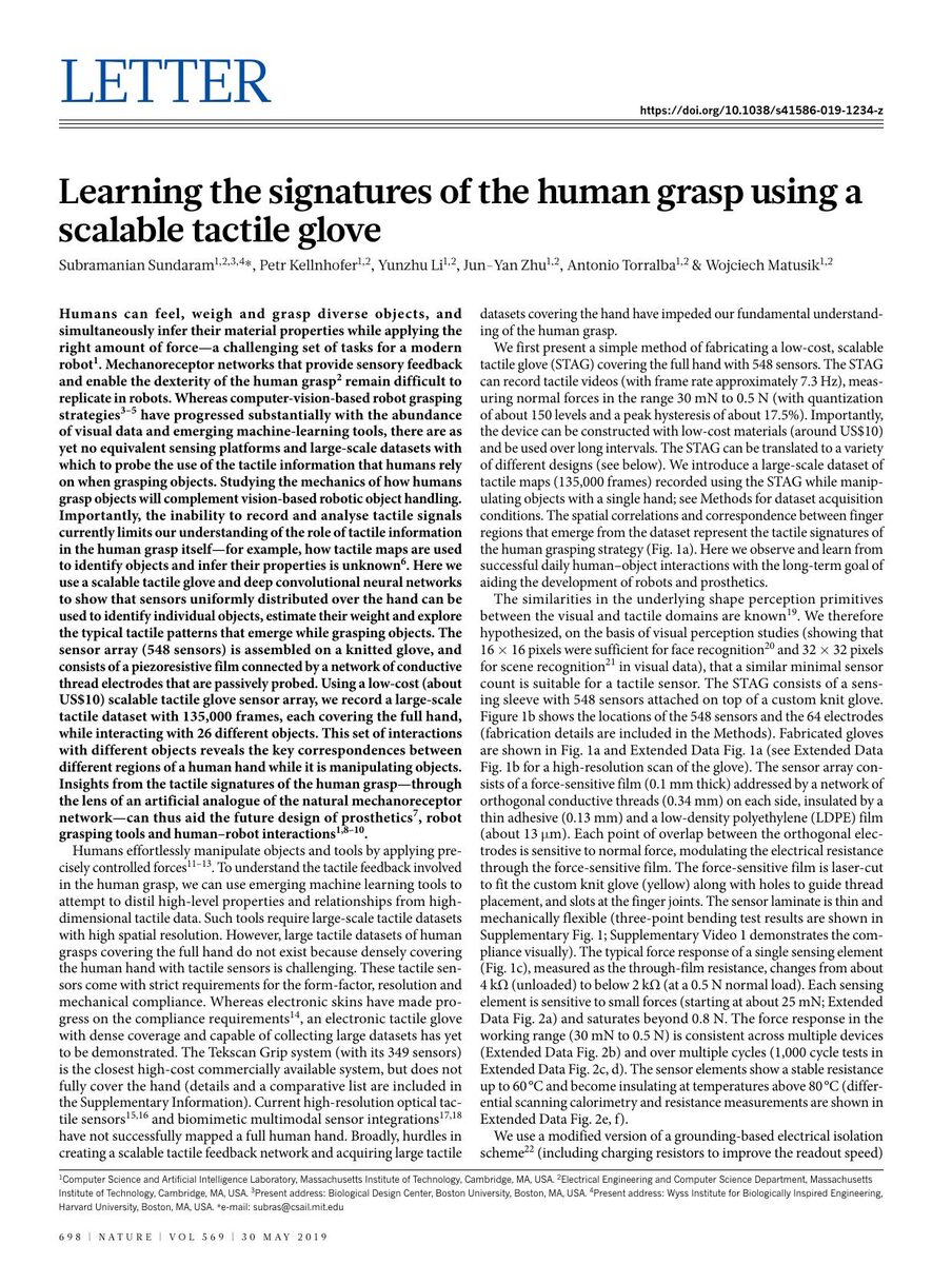 First page of the Learning the Signatures of the Human Grasp Using a Scalable Tactile Glove paper