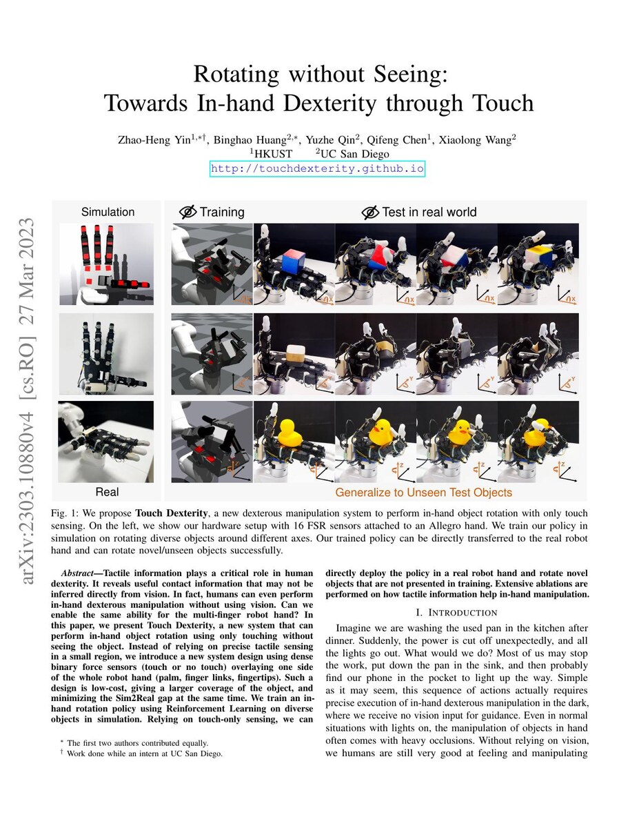 First page of the Rotating without Seeing: Towards In-hand Dexterity through Touch paper
